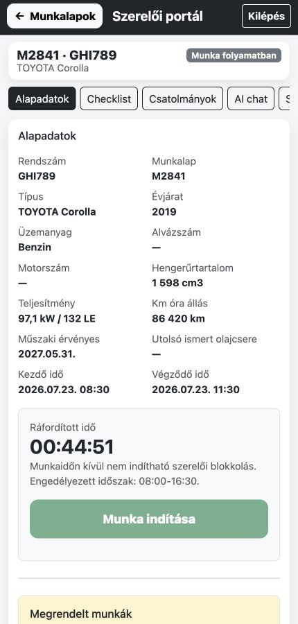 CentrumOS mobil szerelői munkalap demóadatokkal