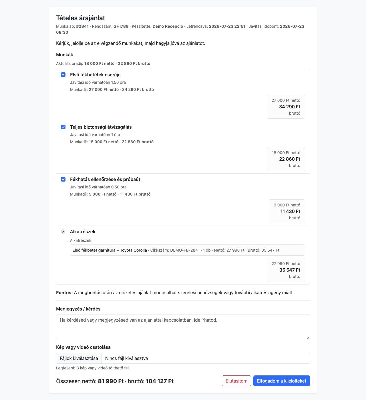 CentrumOS online tételes árajánlat demóadatokkal